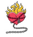 Flaming Heart Tattoo. Heart in chains of love. Passionate love. Red burning heart. Heart in chains with lock