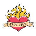 Flaming Heart Tattoo with ribbon. True love. Heart burning in fire. Ribbon wraps around red heart. Old school style. Royalty Free Stock Photo