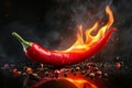 A flaming hot red chilli pepper on fire. Burning hot spicy chilli food