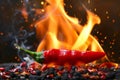 A flaming hot red chilli pepper on fire. Burning hot spicy chilli food