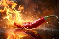 A flaming hot red chilli pepper on fire. Burning hot spicy chilli food