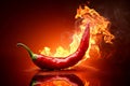 A flaming hot red chilli pepper on fire. Burning hot spicy chilli food