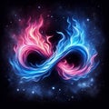 Flaming infinity sign. Esoteric concept of spiritual love. Twin flame logo. Illustration on black background for web