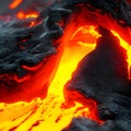 Flaming lava flowing outside from the caldera of a volcano. Generative AI