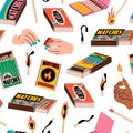 Flaming matches seamless pattern. Hands strike spark about boxes, different label design burning and extinct stick. Decor textile