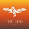 Flaming Phoenix Bird with wide spread wings in white on orange fire colors background. Symbol of reborn and regeneration