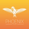 Flaming Phoenix Bird with wide spread wings in white on orange fire colors background. Symbol of reborn and regeneration