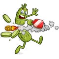 Flaming pickleball rocketing through a pickle cartoon character and chopping him in half