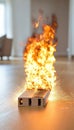 Flaming Power Strip Sparks Electrical Fire, Igniting Danger in Home, Risky Surge Protector Issue Royalty Free Stock Photo