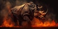 Flaming rhinoceros fantasy horizontal poster. Ashes, embers and flames. Black background. Fiery fantasy wild animal collection