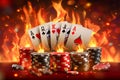 Flaming Royal Flush Poker Hand with Casino Chips on Fiery Background for High Stakes Gambling Concept Royalty Free Stock Photo