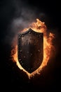 A flaming shield floating against a dark background - fire - smoke - ashes - back light - shield of divine protection