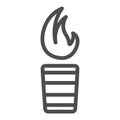 Flaming shot, burning cocktail line icon, bar concept, fire shot glass vector sign on white background, outline style