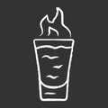 Flaming shot chalk icon. Glass with beverage and burning fire. Drink with flammable high-proof alcohol. Absinthe