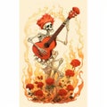 Flaming Skeleton Guitarist: Whimsical Art Nouveau Illustration