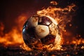 Flaming spectacle, soccer ball aglow on field, stadium radiates with fiery intensity