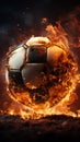 Flaming spectacle, soccer ball aglow on field, stadium radiates with fiery intensity