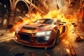 Flaming sports car in the fire, Action