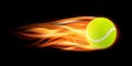 Flaming Tennis Ball. Tennis Ball flying in fire on dark background.