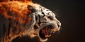 Flaming tiger fantasy horizontal poster. Ashes, embers and flames. Black background