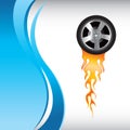 Flaming tire on blue wave background