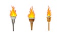 Flaming torches with burning fire set vector illustration