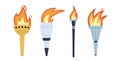 Flaming torches set isolated on white background. Vector flat illustration