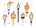 Flaming torches set isolated on white background. Vector simple flat illustration