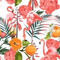 Tropical orange flowers, garden peony, jungle plants, orange flamingos, seamless floral pattern background. Royalty Free Stock Photo