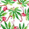 Flamingo and aralia leaf, watercolor seamless pattern, hand-drawn background.