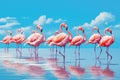 Flamingo on a background of blue sky. 3d rendering, Group of pink African flamingos walking around the blue lagoon on a sunny day