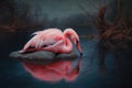 flamingo with beak tucked in, sleeping in peaceful surroundings Royalty Free Stock Photo