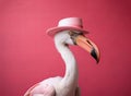 Flamingo with a big beak in a pink hat on a red background