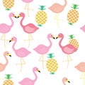 Flamingo bird with pineapple tropical fruit seamless pattern.