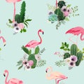 Flamingo Bird and Tropical Cactus Flowers Background. Retro Seamless Pattern