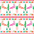 Flamingo bird with tropical cactus and pineapple ba