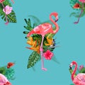 Flamingo Bird and Tropical Flowers Background - Retro seamless pattern Royalty Free Stock Photo