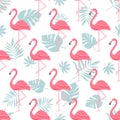 Flamingo Bird and Tropical Flowers Background - Retro seamless pattern Royalty Free Stock Photo