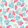 Flamingo Bird and Tropical Flowers Background - Retro seamless pattern Royalty Free Stock Photo