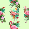 Flamingo Bird and Tropical Flowers Background - Retro seamless pattern Royalty Free Stock Photo