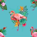 Flamingo Bird and Tropical Flowers Background - Retro seamless pattern Royalty Free Stock Photo