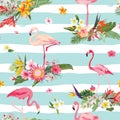 Flamingo Bird and Tropical Flowers Background. Retro Seamless Pattern Royalty Free Stock Photo
