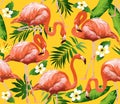 Flamingo Bird and Tropical Flowers Background