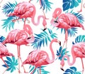 Flamingo Bird and Tropical Flowers Background