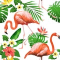 Flamingo Bird and Tropical Flowers Background - Seamless pattern Royalty Free Stock Photo