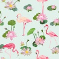 Flamingo Bird and Waterlily Flowers Background. Retro Seamless Pattern