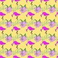 Flamingo birds, exotic flowers, summer, vacation. Vector seamless pattern. Background illustration, decorative design for fabric Royalty Free Stock Photo