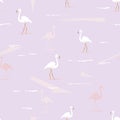 Flamingo birds on a purple wave background. Vector cartoon illustration. Seamless pattern for design