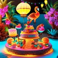 Flamingo birthday cake. 3d rendering, 3d illustration. Generative AI