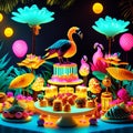 Flamingo birthday cake decorated with colorful flowers and candles on black background AI generated